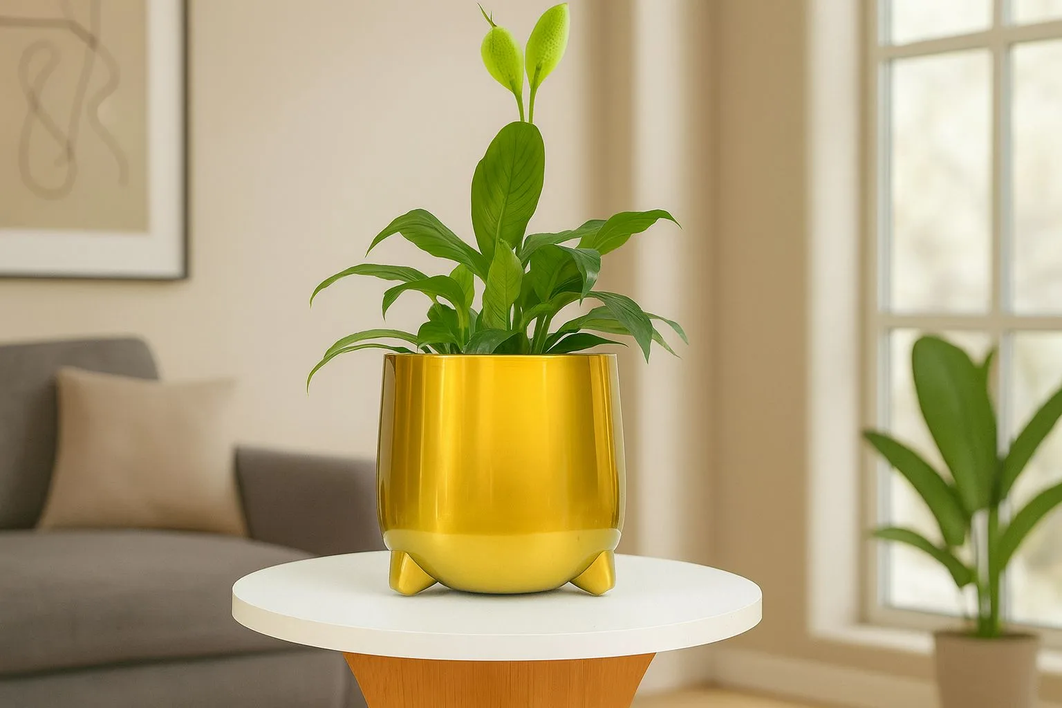 A gold cylindrical tabletop planter with a lush green indoor plant placed on a modern wooden table, enhancing home décor – Urban Plant